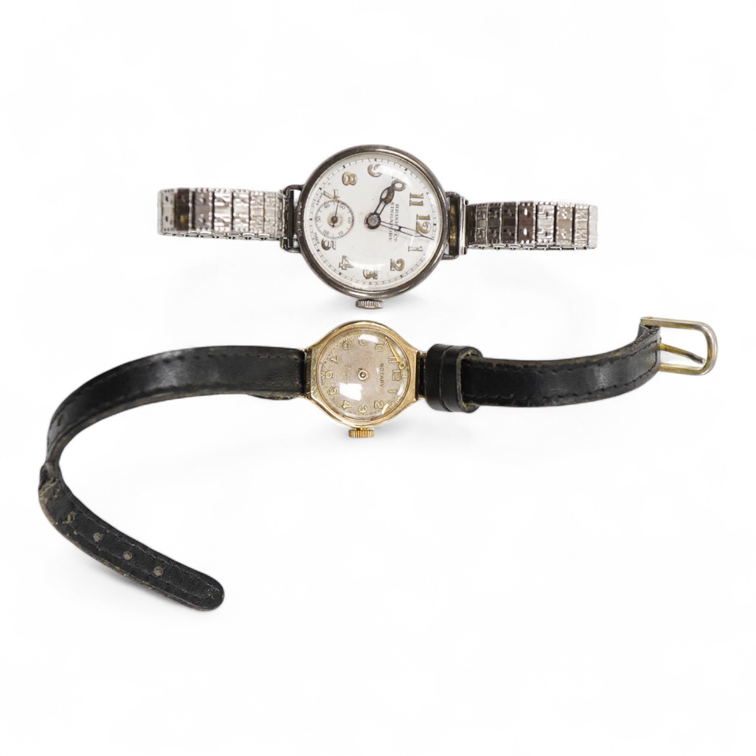 A lady's 9ct gold Rotary manual wind wrist watch(a.f.), on a leather strap, together with an early 20th century Swiss 935 standard white metal manual wind wrist watch, retailed by Brisk & Co, Singapore, on an associated